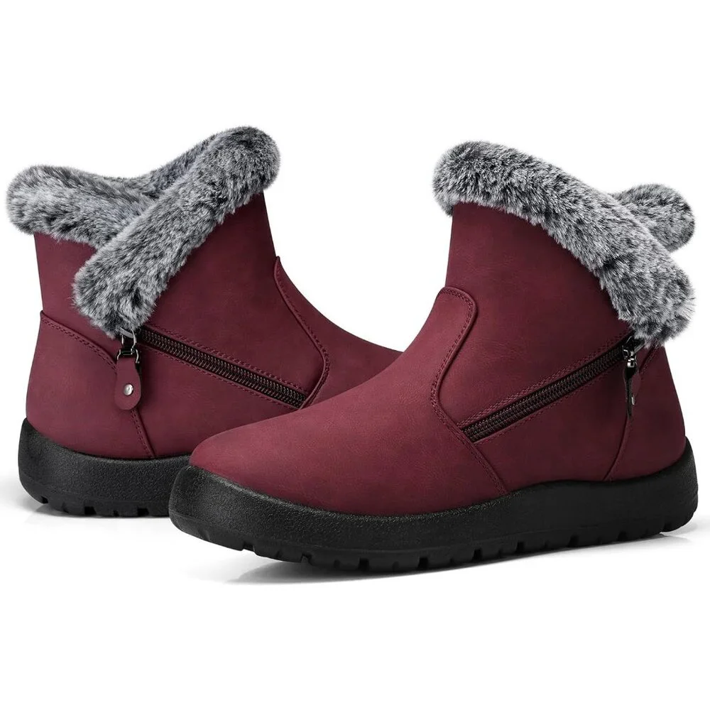 Women's Waterproof Snow Boot Warm Ankle Fur Lined Booties Insulated Shoes Red - Picture 3 of 6